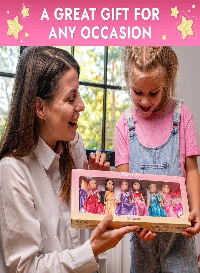 TOMLEON Princess Dolls Playset - 6 Mini Princess Dolls with Colorful Gowns, Crowns & Jewelry - Fantasy Role Play Set for Kids with Elegant Dresses, Accessories & Royal-Themed Box - Gift for Ages 3+ - Image 2